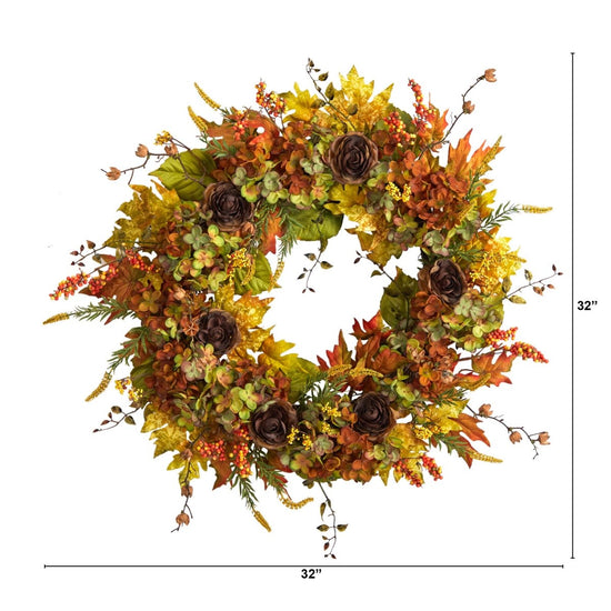 Nearly Natural 32” Fall Hydrangea, Ranunculus And Maple Leaf Autumn Artificial Wreath - lily & onyx