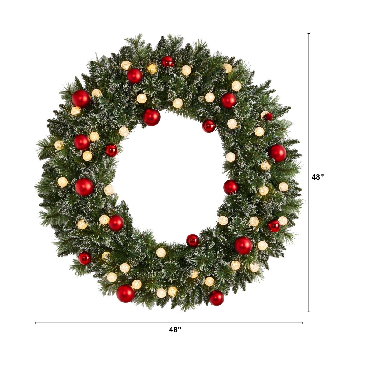Nearly Natural 4' Oversized Pre Lit Frosted Holiday Christmas Wreath With Ornaments And 40 Led Globe Lights - lily & onyx