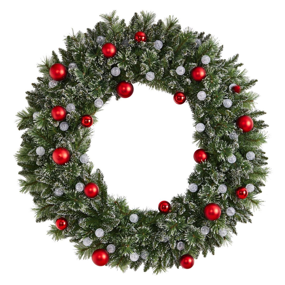 Load image into Gallery viewer, Nearly Natural 4&amp;#39; Oversized Pre Lit Frosted Holiday Christmas Wreath With Ornaments And 40 Led Globe Lights - lily &amp;amp; onyx
