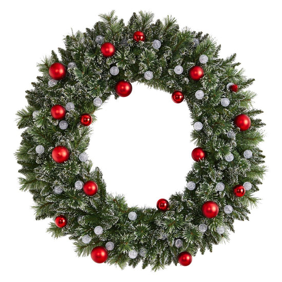 Nearly Natural 4' Oversized Pre Lit Frosted Holiday Christmas Wreath With Ornaments And 40 Led Globe Lights - lily & onyx