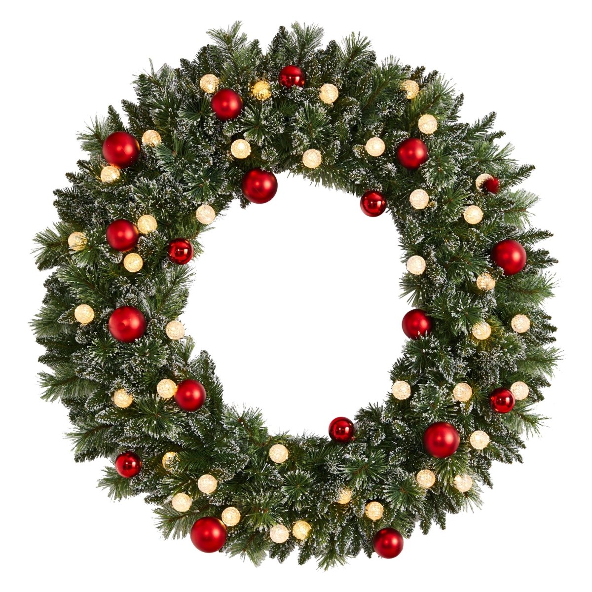 Load image into Gallery viewer, Nearly Natural 4&amp;#39; Oversized Pre Lit Frosted Holiday Christmas Wreath With Ornaments And 40 Led Globe Lights - lily &amp;amp; onyx
