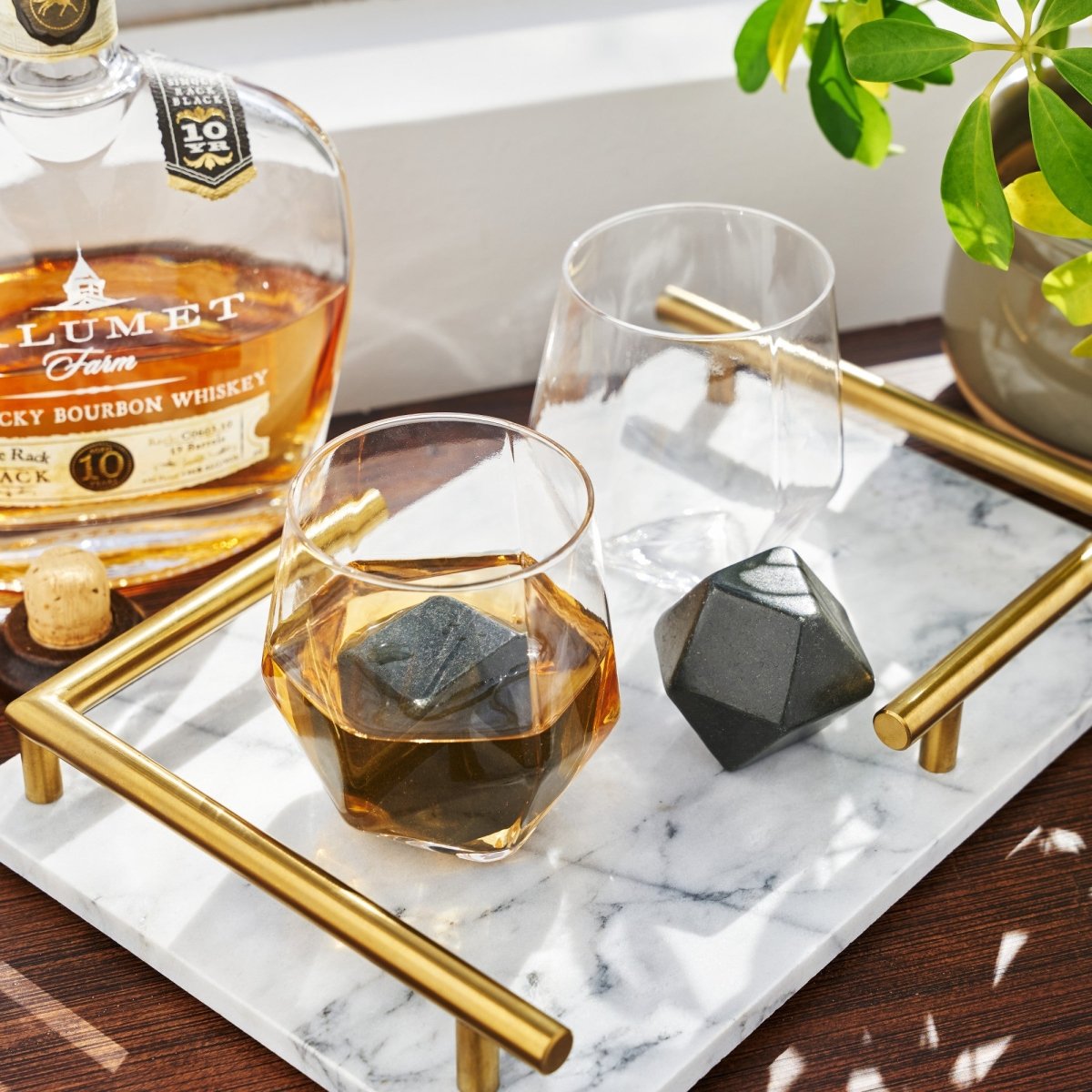 Viski 4-Piece Faceted Tumbler & Hexagonal Basalt Stone Set - lily & onyx