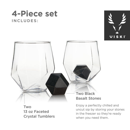 Viski 4-Piece Faceted Tumbler & Hexagonal Basalt Stone Set - lily & onyx