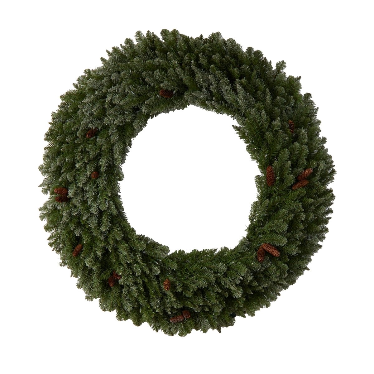 Nearly Natural 5’ Flocked Artificial Christmas Wreath With Pinecones, 300 Led Lights & 680 Bendable Branches - lily & onyx
