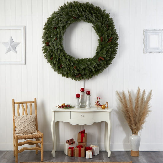 Nearly Natural 5’ Flocked Artificial Christmas Wreath With Pinecones, 300 Led Lights & 680 Bendable Branches - lily & onyx