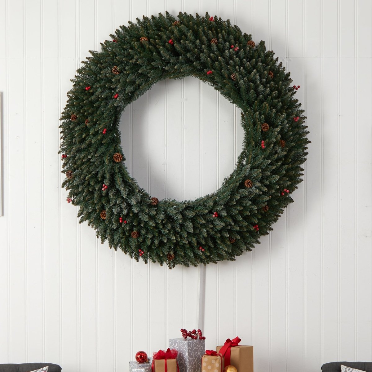 Nearly Natural 5’ Flocked Artificial Christmas Wreath With Pinecones, Berries, 400 Led Lights & 820 Branches - lily & onyx
