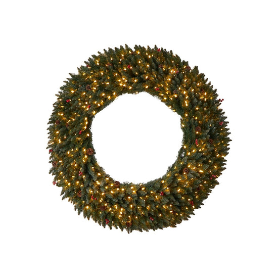 Nearly Natural 5’ Flocked Artificial Christmas Wreath With Pinecones, Berries, 400 Led Lights & 820 Branches - lily & onyx