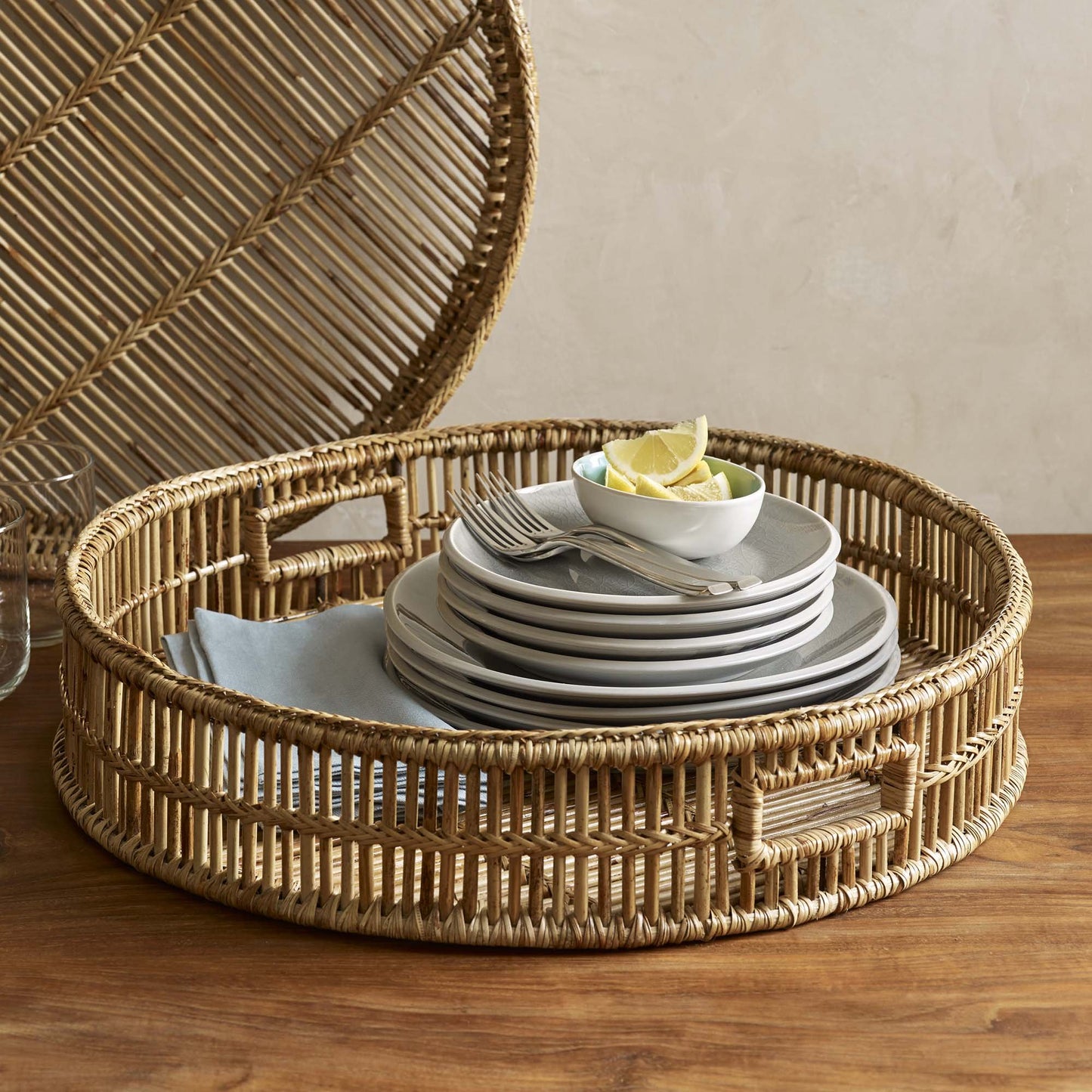 Load image into Gallery viewer, texxture Liana Rattan Round Serving Tray - lily &amp;amp; onyx
