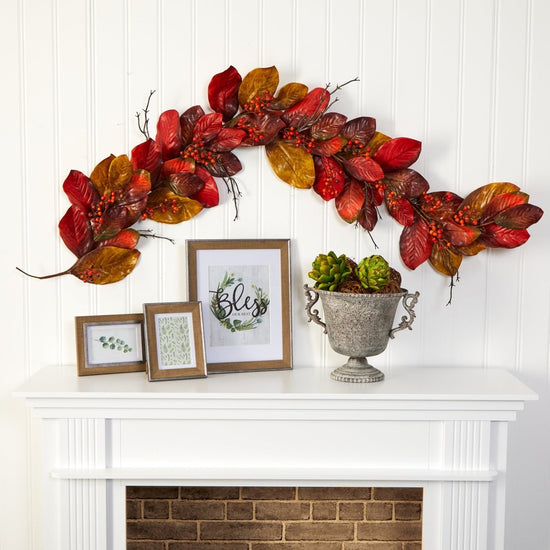 Load image into Gallery viewer, Nearly Natural 6’ Autumn Magnolia Leaf With Berries Artificial Garland - lily &amp;amp; onyx
