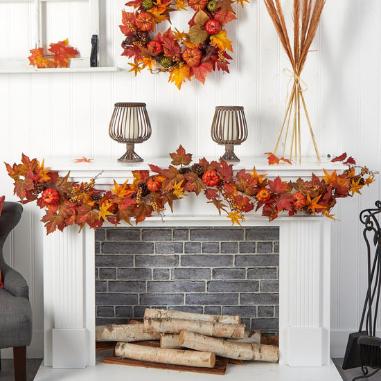 Nearly Natural 6’ Autumn Maple Leaf, Pumpkin, Gourd And Berry Artificial Fall Garland - lily & onyx