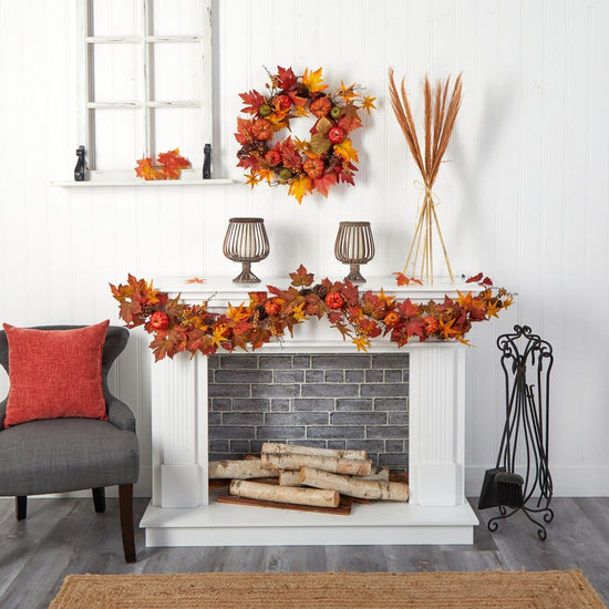 Nearly Natural 6’ Autumn Maple Leaf, Pumpkin, Gourd And Berry Artificial Fall Garland - lily & onyx