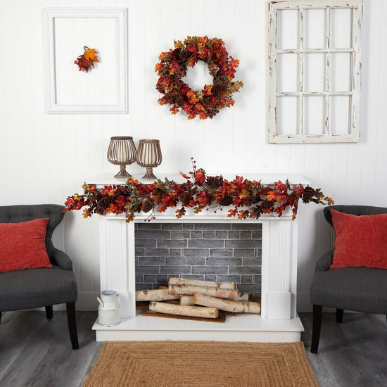 Nearly Natural 6’ Autumn Maple Leaves, Berry And Pinecones Fall Artificial Garland - lily & onyx