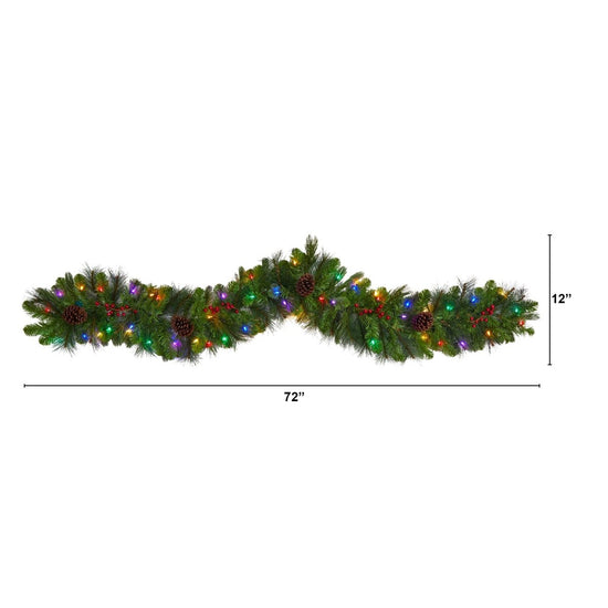 Nearly Natural 6' Colorado Fir Artificial Christmas Garland 50 Multicolored Led Lights, Berries & Pinecones - lily & onyx