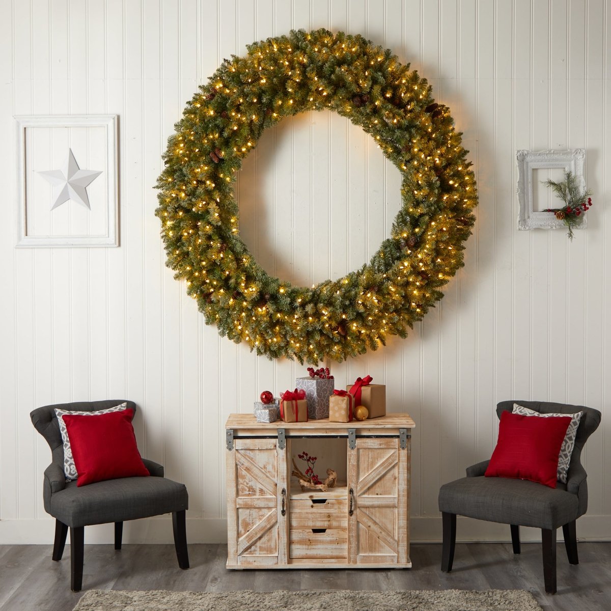 Nearly Natural 6’ Giant Flocked Artificial Christmas Wreath With Pinecones, 400 Clear Led Lights & 920 Branches - lily & onyx