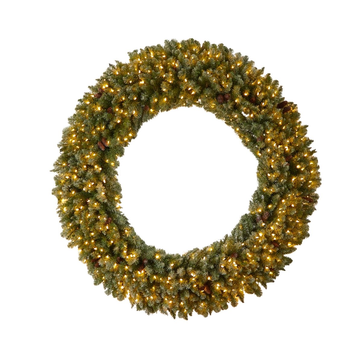 Nearly Natural 6’ Giant Flocked Artificial Christmas Wreath With Pinecones, 400 Clear Led Lights & 920 Branches - lily & onyx