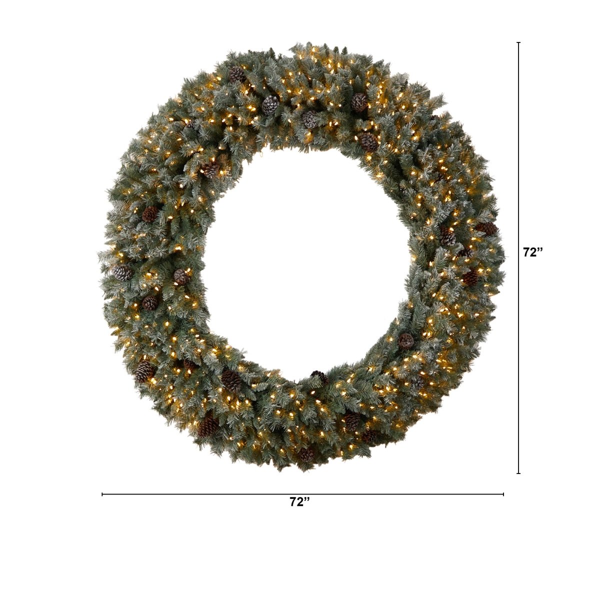 Nearly Natural 6’ Giant Flocked Christmas Artificial Wreath Pinecones, 600 Clear Led Lights & 1000 Branches - lily & onyx