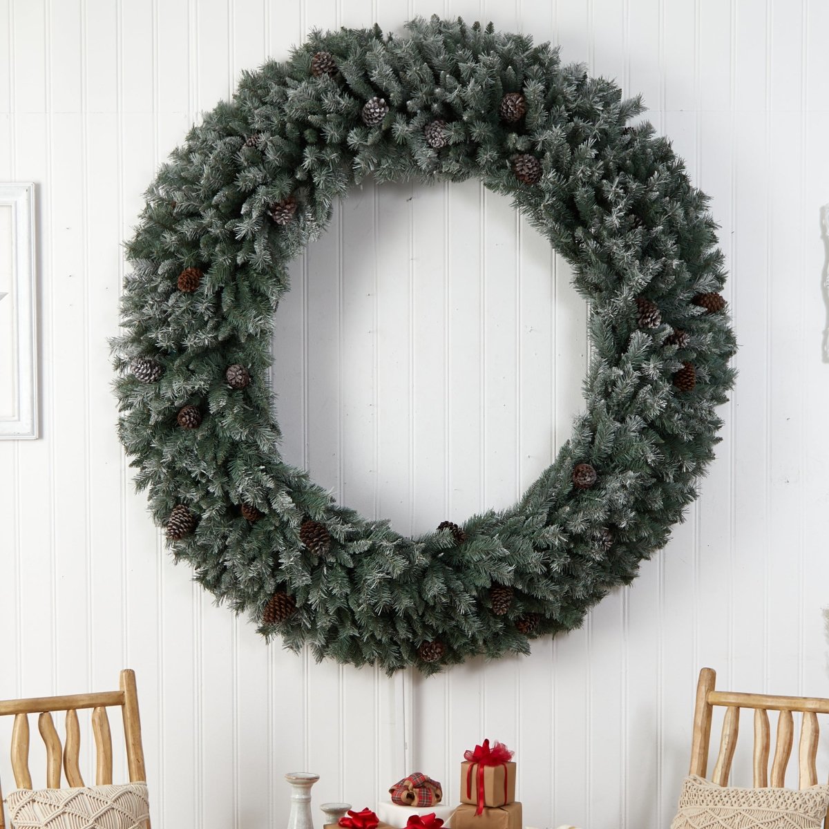Nearly Natural 6’ Giant Flocked Christmas Artificial Wreath Pinecones, 600 Clear Led Lights & 1000 Branches - lily & onyx