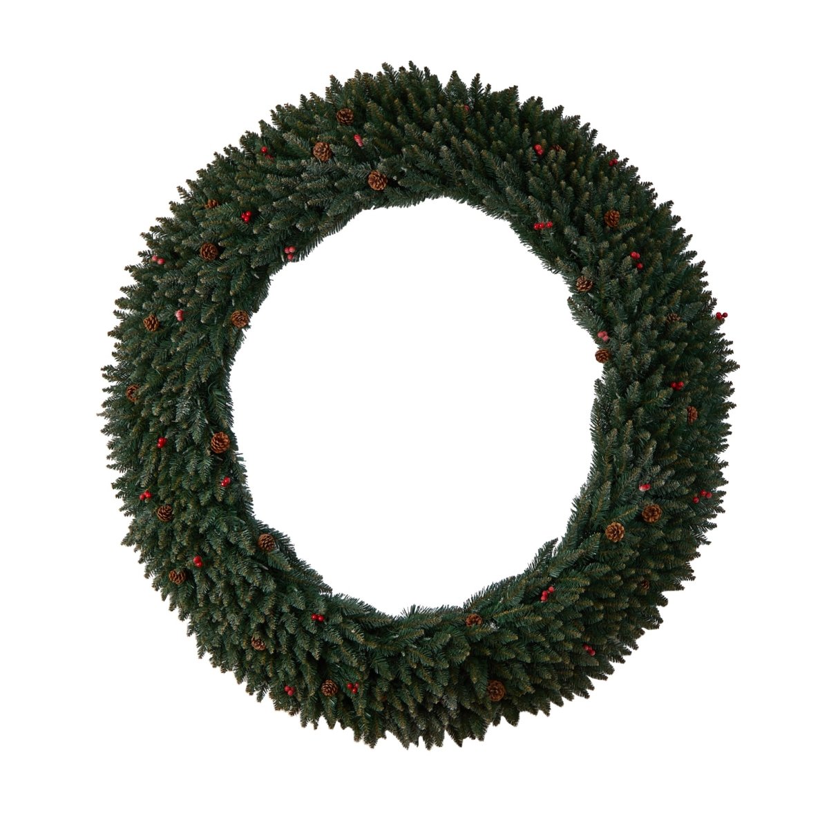 Nearly Natural 6’ Large Flocked Artificial Christmas Wreath Pinecones, Berries, 600 Led Lights & 1080 Branches - lily & onyx