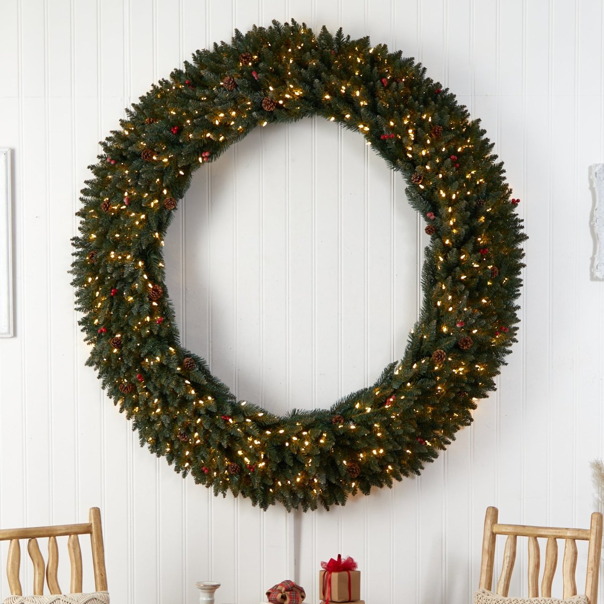 Load image into Gallery viewer, Nearly Natural 6’ Large Flocked Artificial Christmas Wreath Pinecones, Berries, 600 Led Lights &amp;amp; 1080 Branches - lily &amp;amp; onyx
