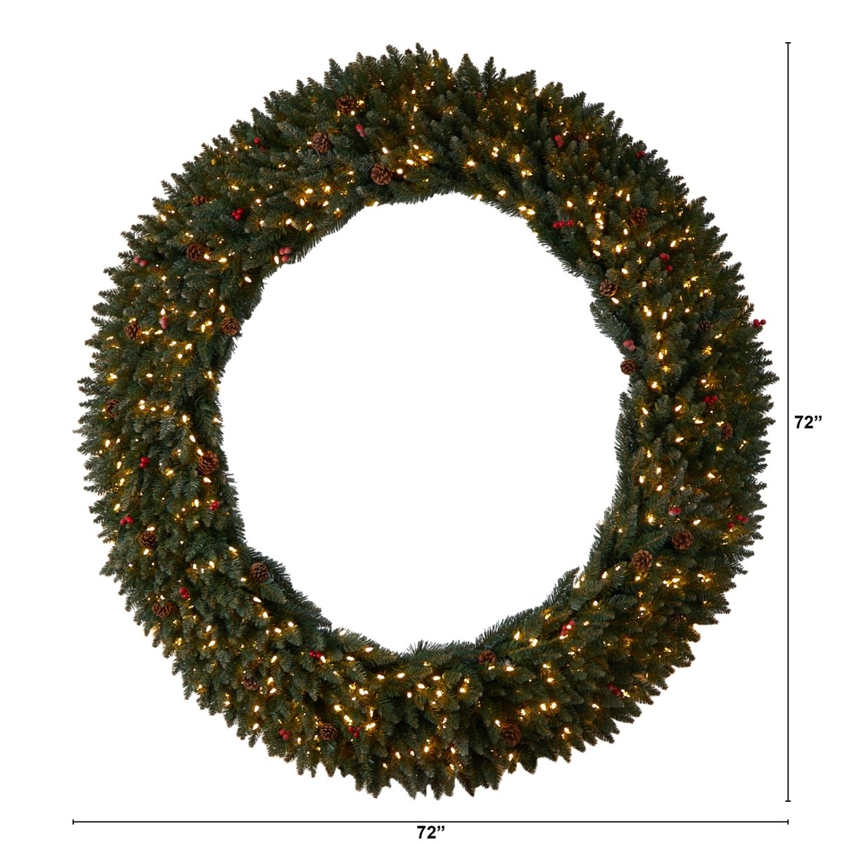 Nearly Natural 6’ Large Flocked Artificial Christmas Wreath Pinecones, Berries, 600 Led Lights & 1080 Branches - lily & onyx