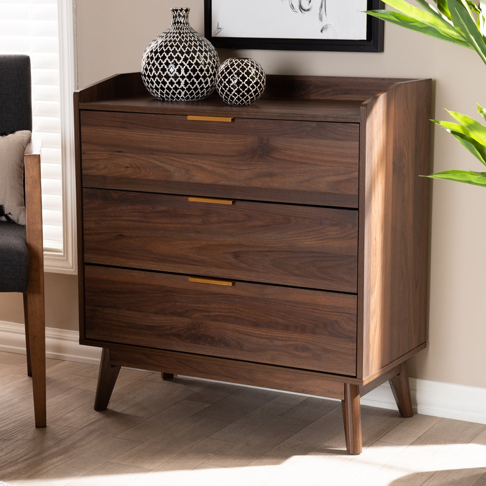 Baxton Studio Lena Mid Century Modern Walnut Brown Finished 3 Drawer Wood Chest - lily & onyx