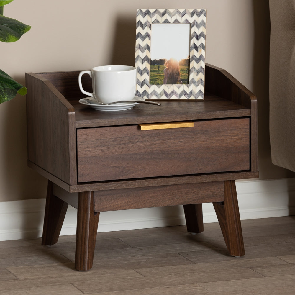 Baxton Studio Lena Mid Century Modern Walnut Brown Finished 1 Drawer Wood Nightstand - lily & onyx