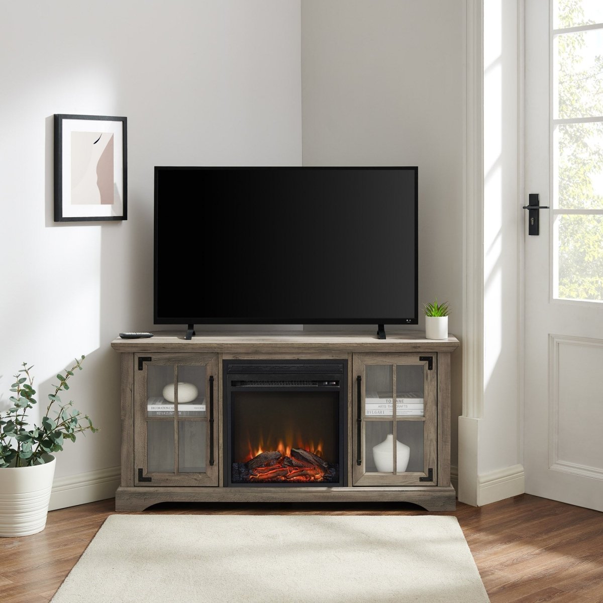 Walker Edison Abigail 54" Modern Farmhouse Corner Fireplace TV Stand