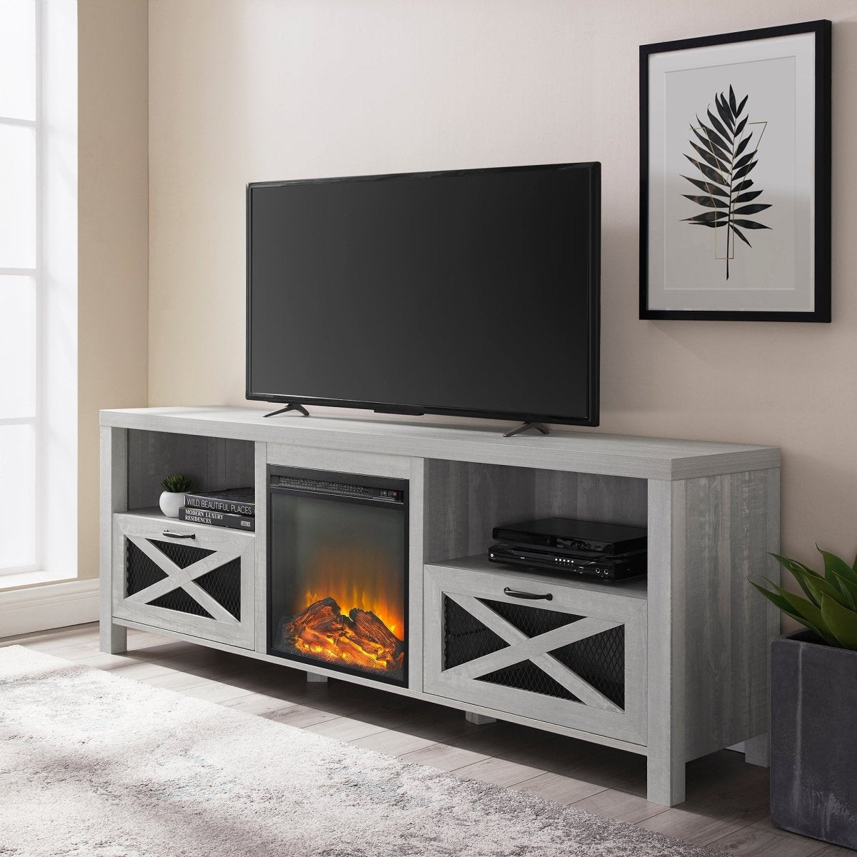 Walker Edison Abilene 70" Rustic Farmhouse Fireplace TV Stand - lily & onyx