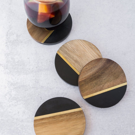 Load image into Gallery viewer, lily &amp;amp; onyx Acacia Slate with Brass Inlay Coaster Set - lily &amp;amp; onyx
