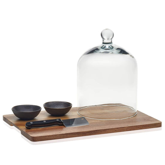 Libbey Acaciawood 4-Piece Cheese Board Serving Set with Glass Dome - lily & onyx
