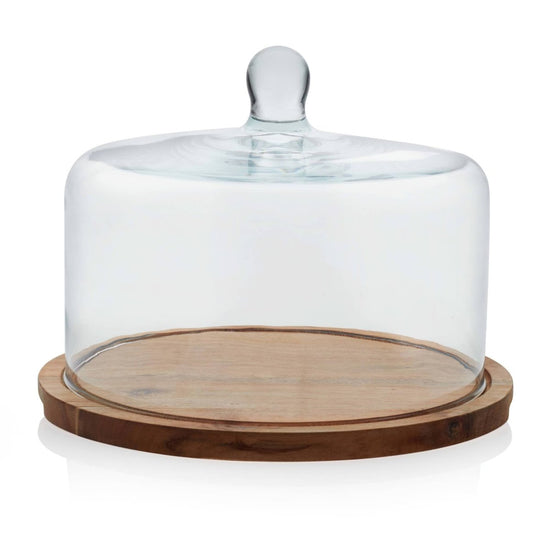 Libbey Acaciawood Flat Round Wood Server Cake Stand with Glass Dome - lily & onyx