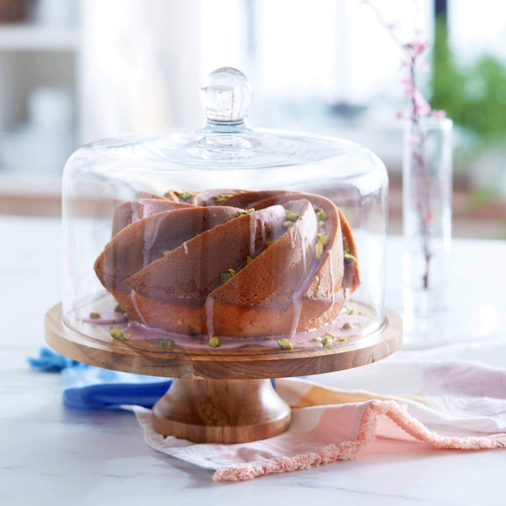 Libbey Acaciawood Footed Round Wood Server Cake Stand with Glass Dome - lily & onyx