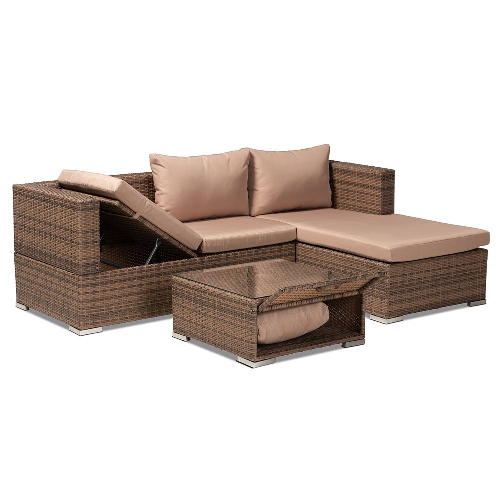 Baxton Studio Addison Light Brown Finished 3 Piece Woven Rattan Outdoor Patio Set With Adjustable Recliner - lily & onyx