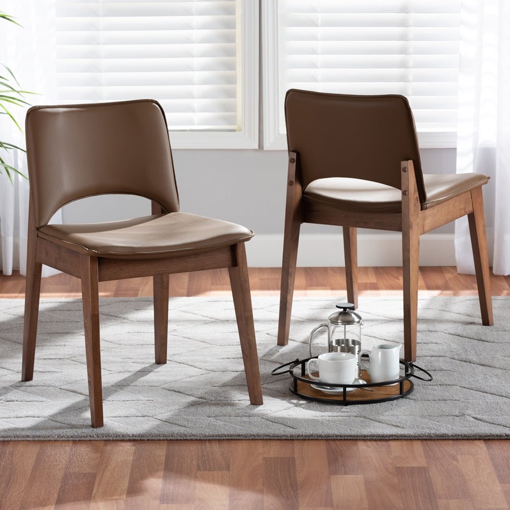 Baxton Studio Afton Mid Century Modern Faux Leather & Walnut Brown Finished Wood 2 Piece Dining Chair Set - lily & onyx