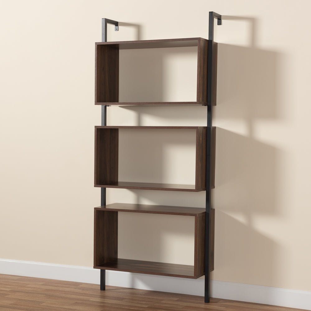 Load image into Gallery viewer, Baxton Studio Aldis Modern Industrial Walnut Brown Finished Wood And Black Metal 3 Tier Display Shelf - lily &amp;amp; onyx
