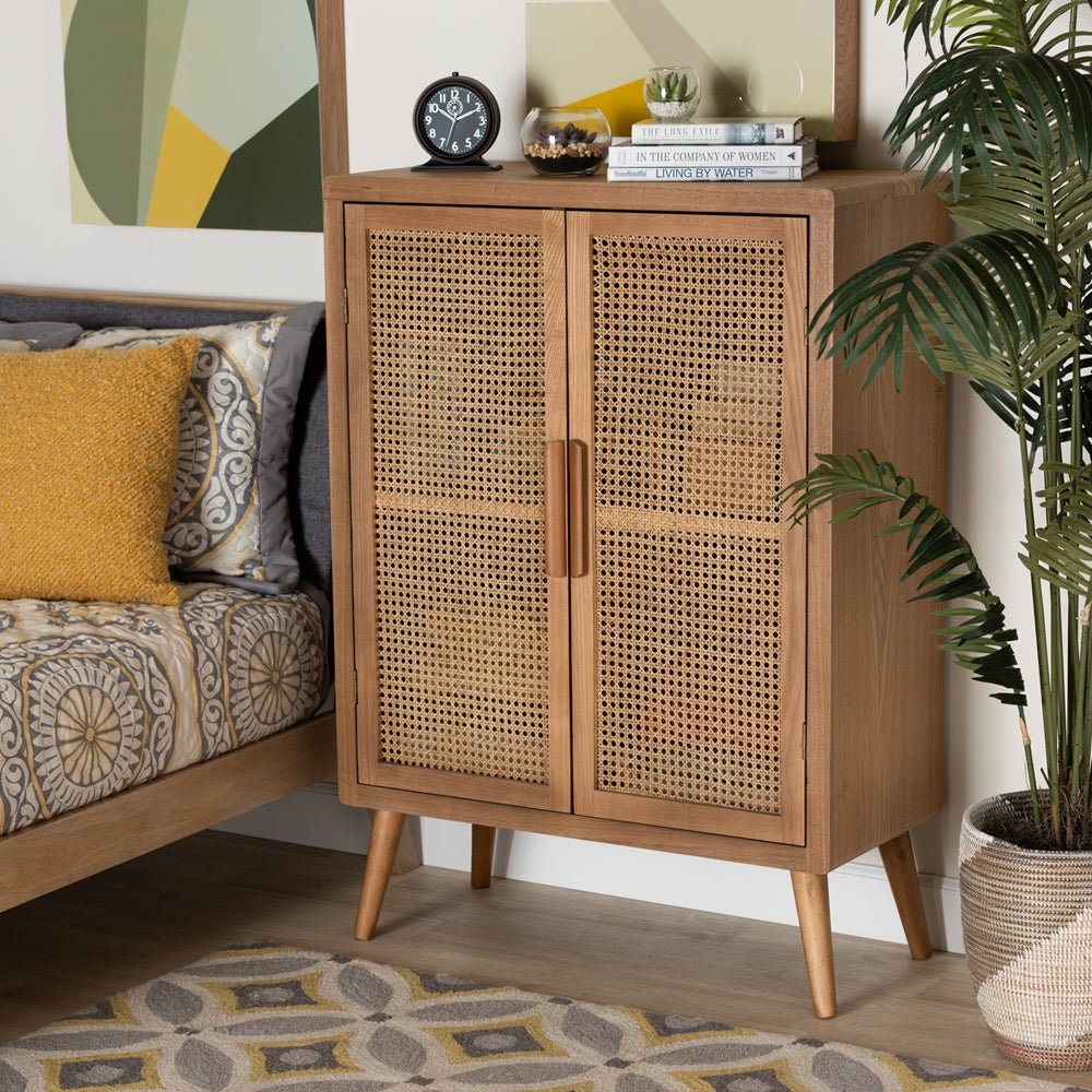 Baxton Studio Alina Mid Century Modern Medium Oak Finished Wood And Rattan 2 Door Accent Storage Cabinet - lily & onyx