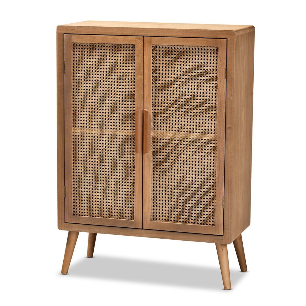 Baxton Studio Alina Mid Century Modern Medium Oak Finished Wood And Rattan 2 Door Accent Storage Cabinet - lily & onyx