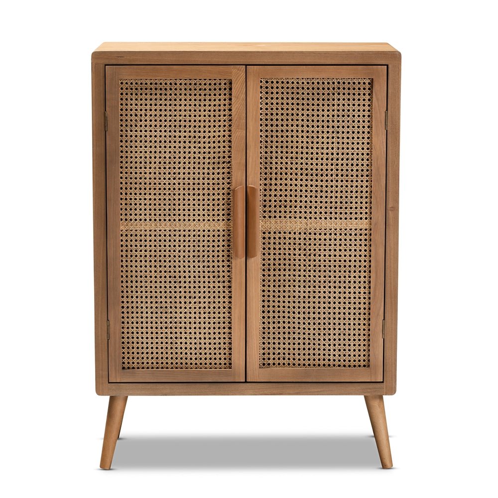 Baxton Studio Alina Mid Century Modern Medium Oak Finished Wood And Rattan 2 Door Accent Storage Cabinet - lily & onyx