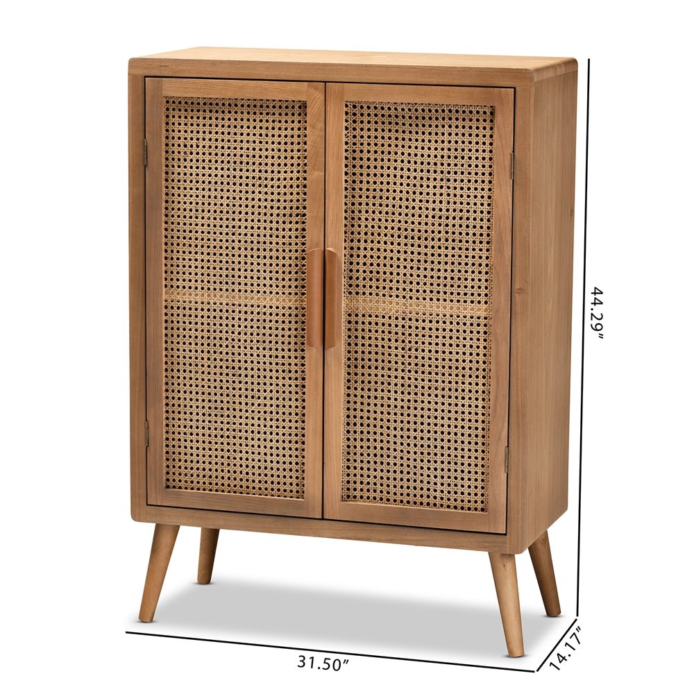 Baxton Studio Alina Mid Century Modern Medium Oak Finished Wood And Rattan 2 Door Accent Storage Cabinet - lily & onyx