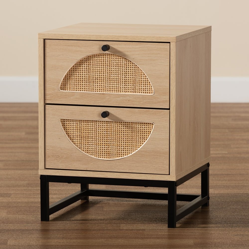
                      
                        Baxton Studio Ardon Bohemian Light Brown Finished Wood And Black Metal 1 Drawer Nightstand With Natural Rattan - lily & onyx
                      
                    