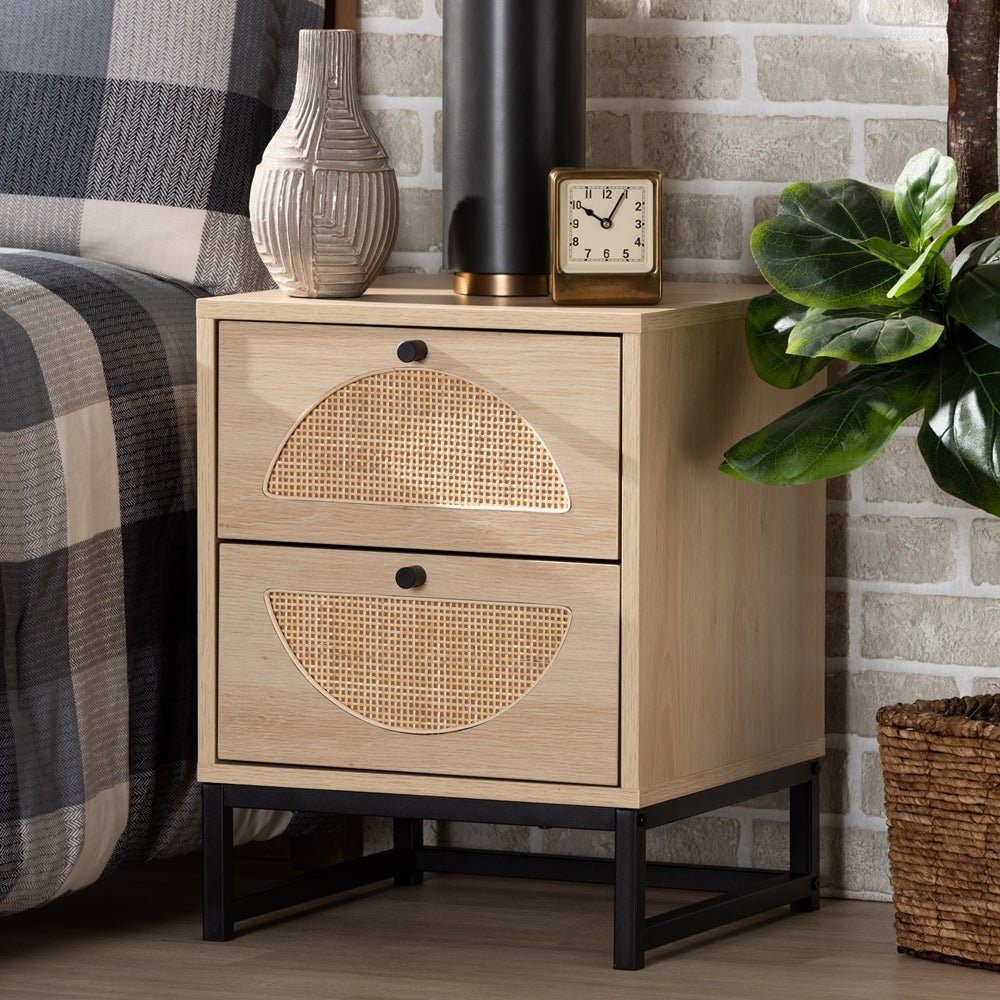 Baxton Studio Ardon Bohemian Light Brown Finished Wood And Black Metal 1 Drawer Nightstand With Natural Rattan - lily & onyx