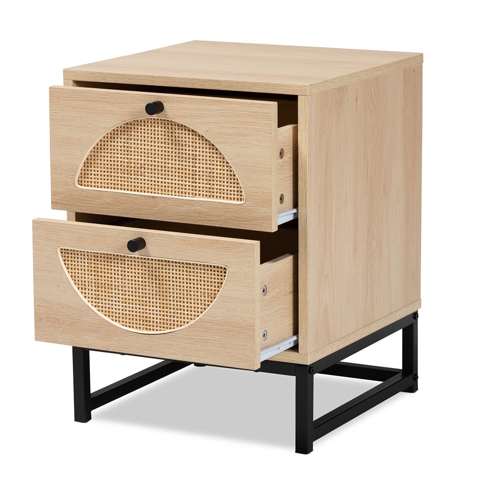 
                      
                        Baxton Studio Ardon Bohemian Light Brown Finished Wood And Black Metal 1 Drawer Nightstand With Natural Rattan - lily & onyx
                      
                    