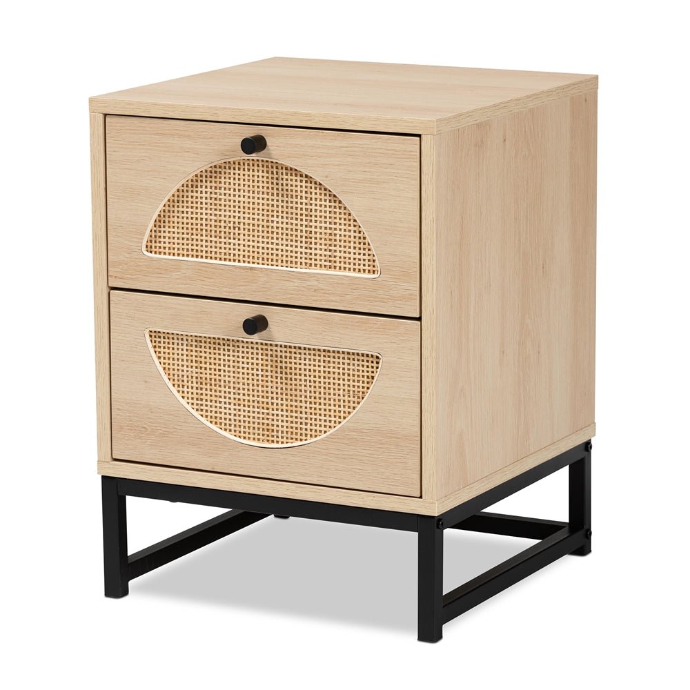 
                      
                        Baxton Studio Ardon Bohemian Light Brown Finished Wood And Black Metal 1 Drawer Nightstand With Natural Rattan - lily & onyx
                      
                    