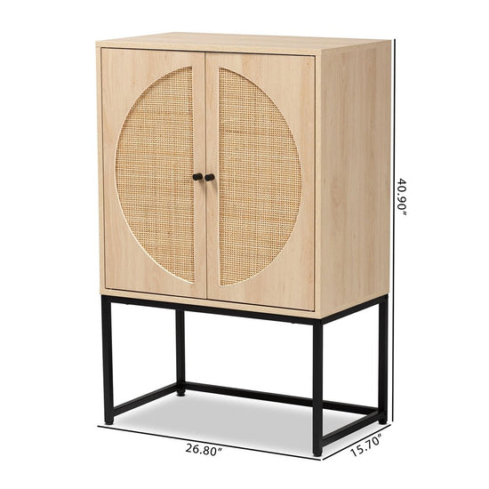 Load image into Gallery viewer, Baxton Studio Ardon Bohemian Light Brown Finished Wood &amp;amp; Black Metal 2 Door Storage Cabinet With Natural Rattan - lily &amp;amp; onyx
