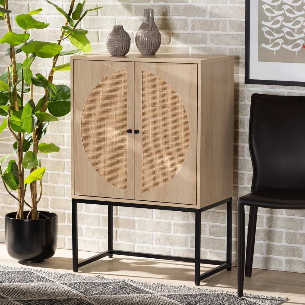 Baxton Studio Ardon Bohemian Light Brown Finished Wood & Black Metal 2 Door Storage Cabinet With Natural Rattan - lily & onyx