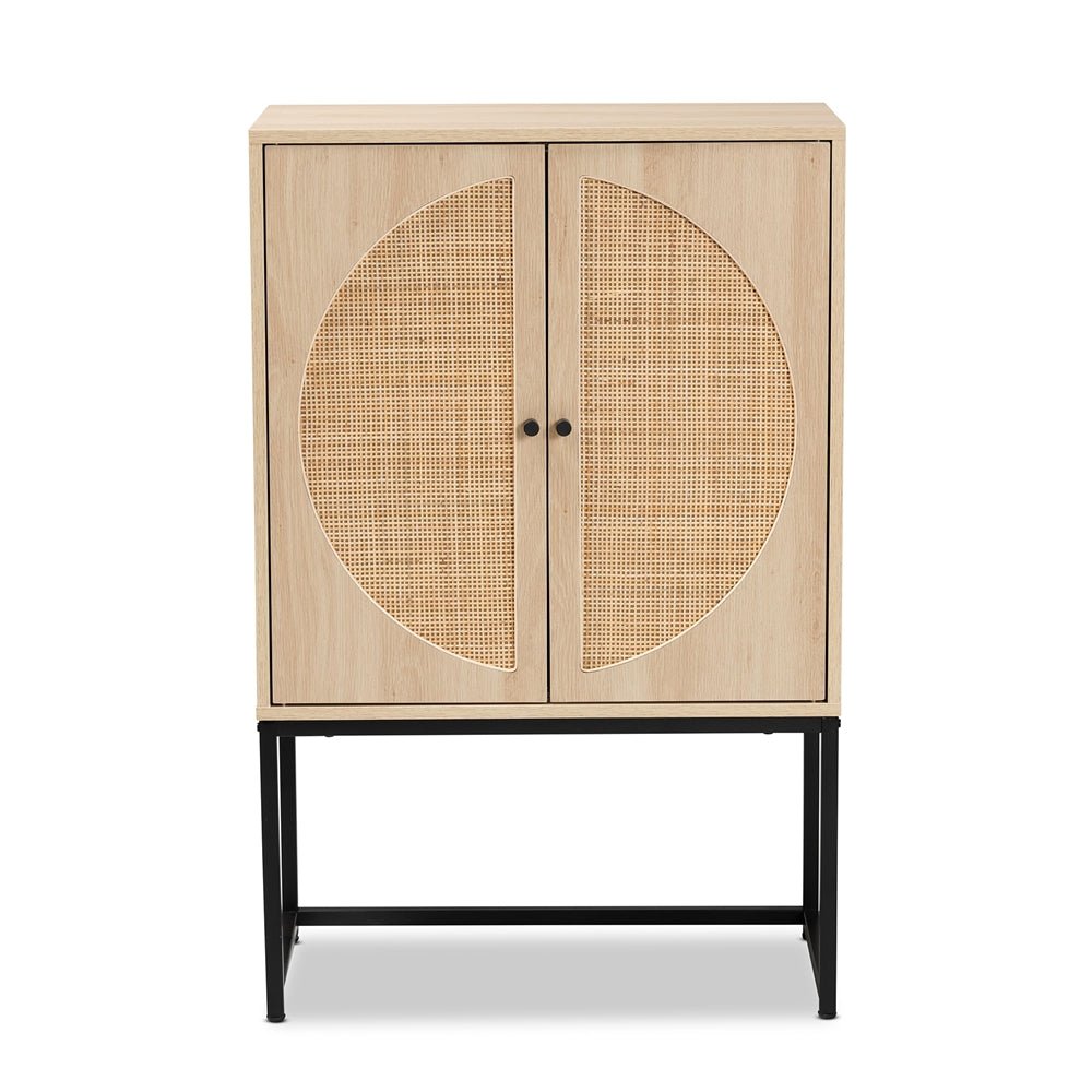Baxton Studio Ardon Bohemian Light Brown Finished Wood & Black Metal 2 Door Storage Cabinet With Natural Rattan - lily & onyx