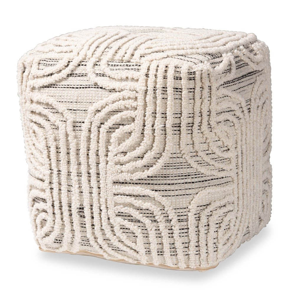 Baxton Studio Arlett Modern And Contemporary Bohemian Ivory And Black Handwoven Wool Blend Pouf Ottoman - lily & onyx
