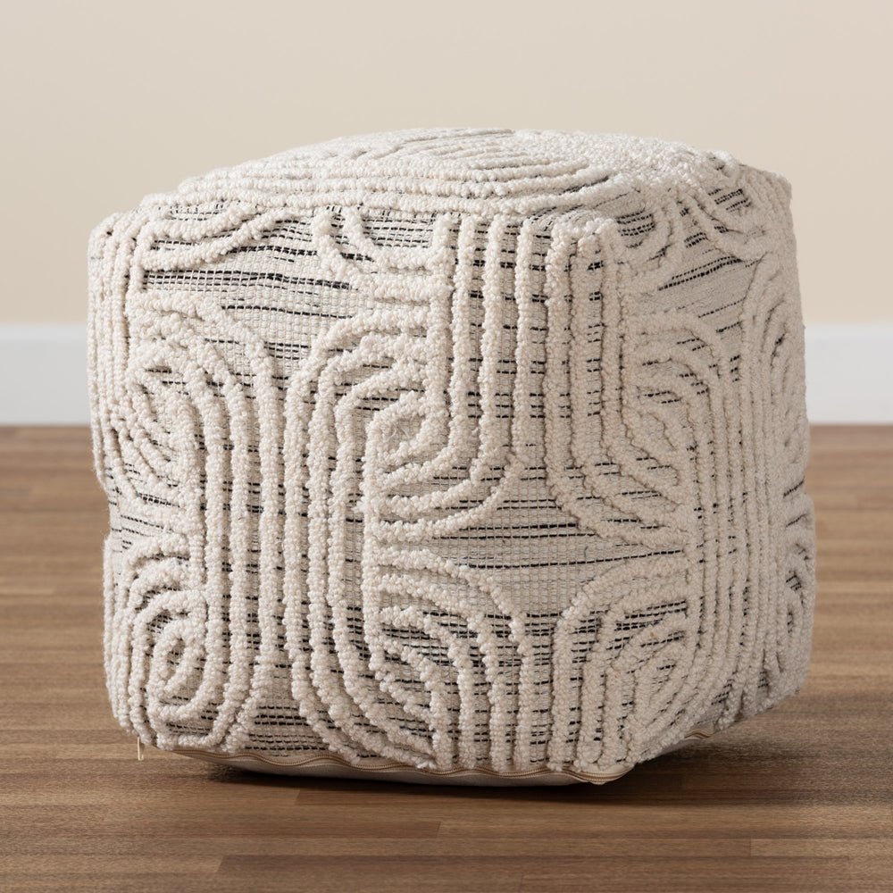
                      
                        Baxton Studio Arlett Modern And Contemporary Bohemian Ivory And Black Handwoven Wool Blend Pouf Ottoman - lily & onyx
                      
                    