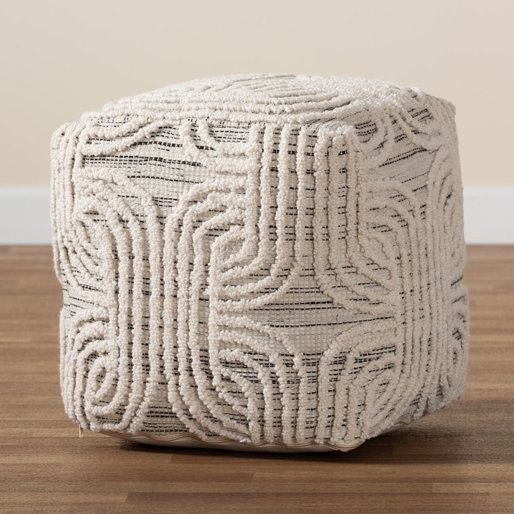 Baxton Studio Arlett Modern And Contemporary Bohemian Ivory And Black Handwoven Wool Blend Pouf Ottoman - lily & onyx