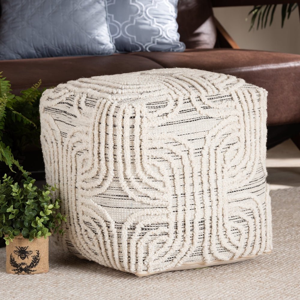 Baxton Studio Arlett Modern And Contemporary Bohemian Ivory And Black Handwoven Wool Blend Pouf Ottoman - lily & onyx